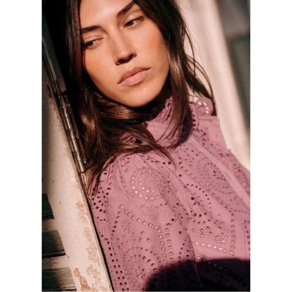 SEZANE Purple Wisteria Eyelet Ruffle Button Down Shirt Scalloped Chlo Blouse Top - Picture 8 of 14